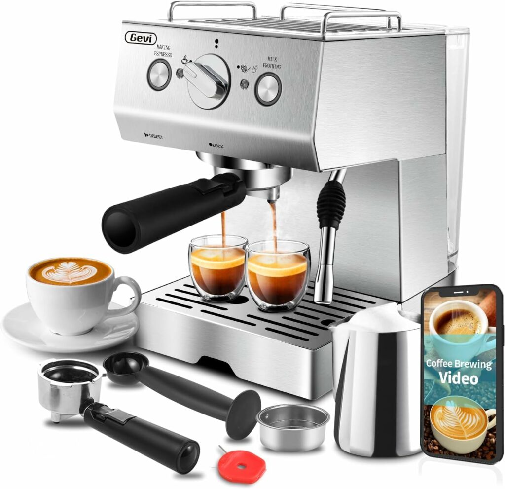 Gevi Manual Espresso Machines Espresso Machines 15 Bar Fast Heating Automatic Cappuccino Coffee Maker with Foaming Milk Frother Wand for Espresso, Latte Macchiato, 1.2L Removable Water Tank