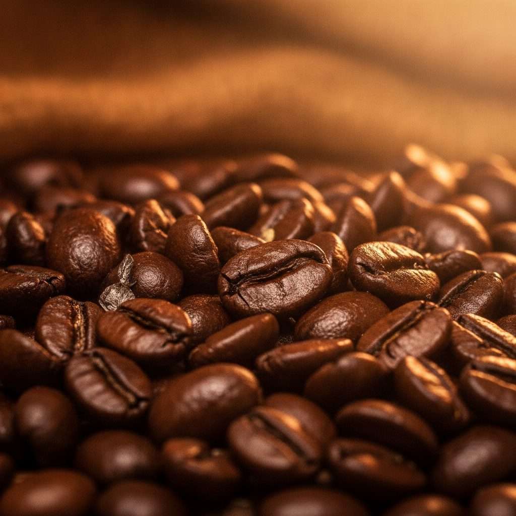 Roasted coffee beans close-up showing oils and texture