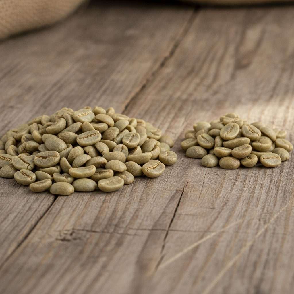 Green arabica and robusta coffee beans side by side