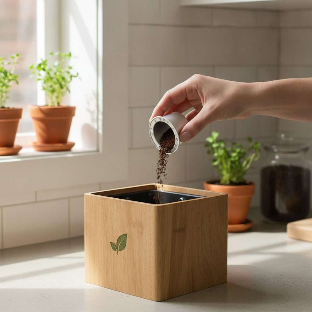 Hand separating a used aluminium coffee pod for recycling