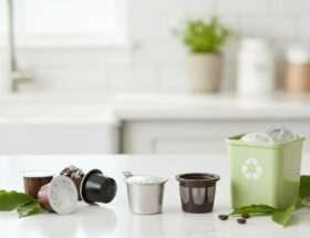 Coffee pods next to a reusable pod and recycling