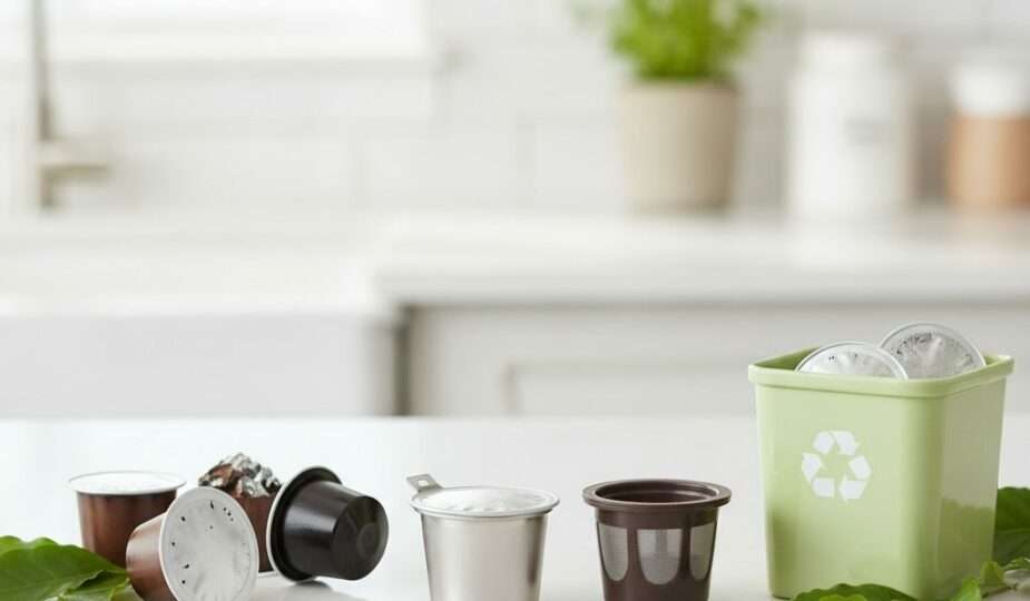 Coffee pods next to a reusable pod and recycling