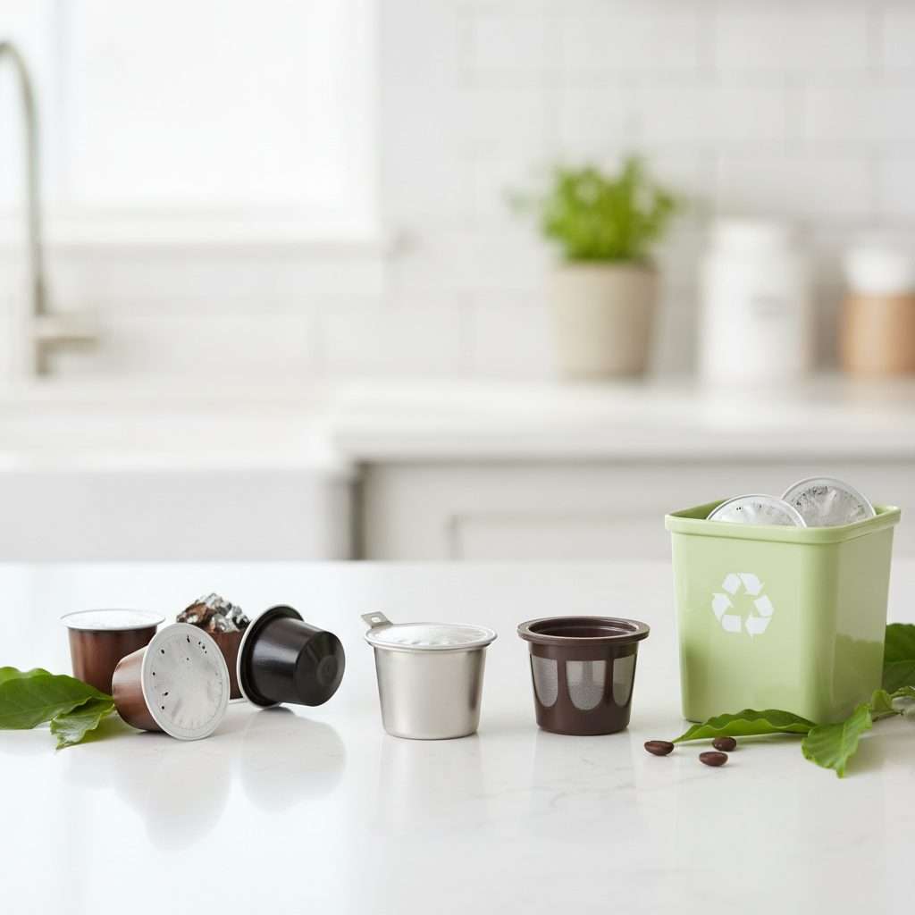Coffee pods next to a reusable pod and recycling