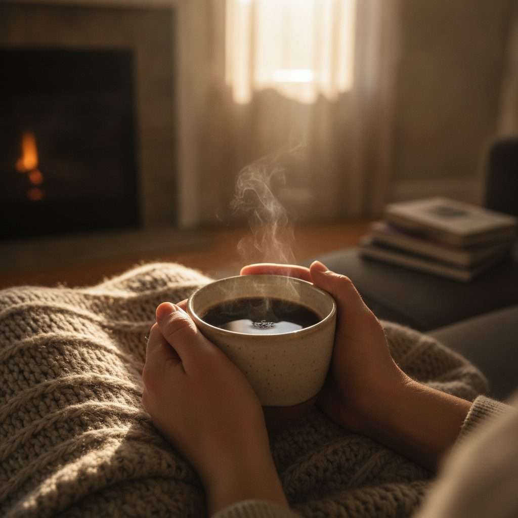 Holding a warm mug of coffee in morning light
