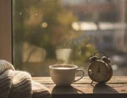 A cup of coffee in morning light beside a clock
