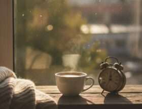 A cup of coffee in morning light beside a clock