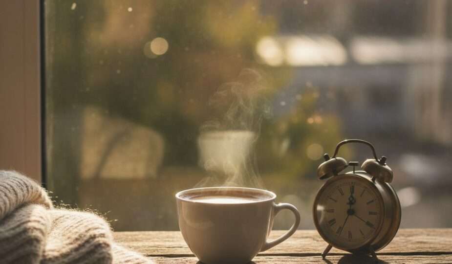 A cup of coffee in morning light beside a clock