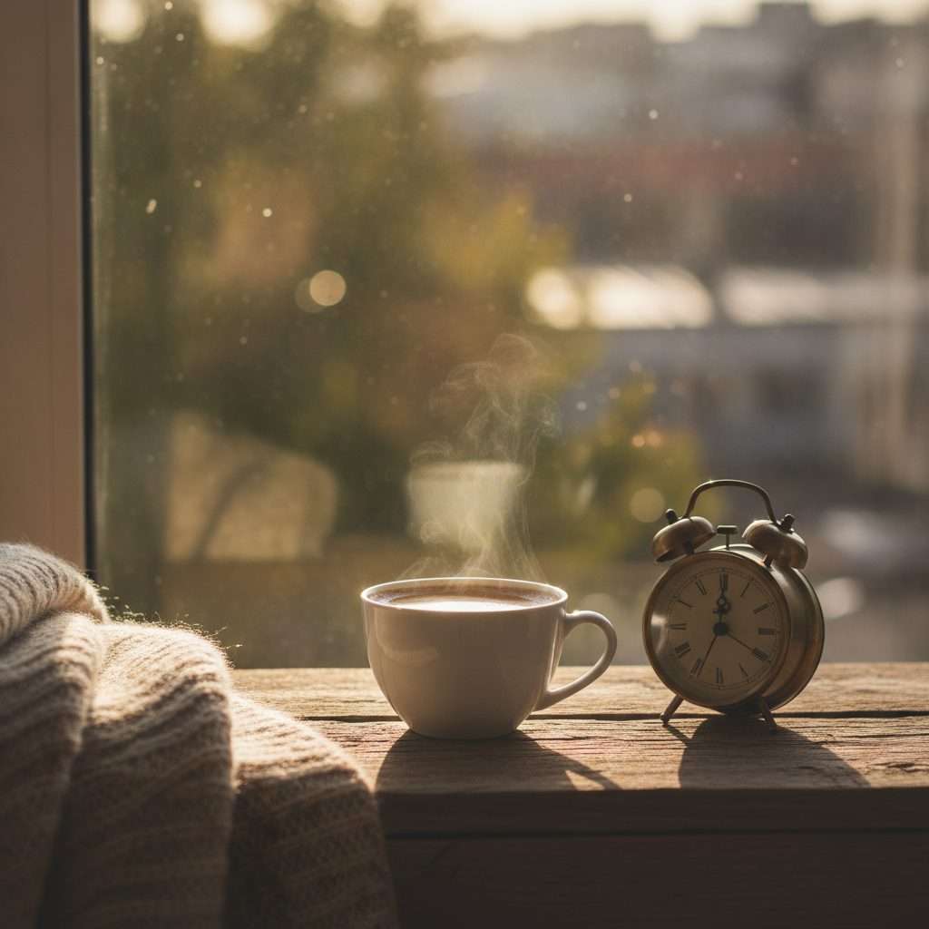 A cup of coffee in morning light beside a clock
