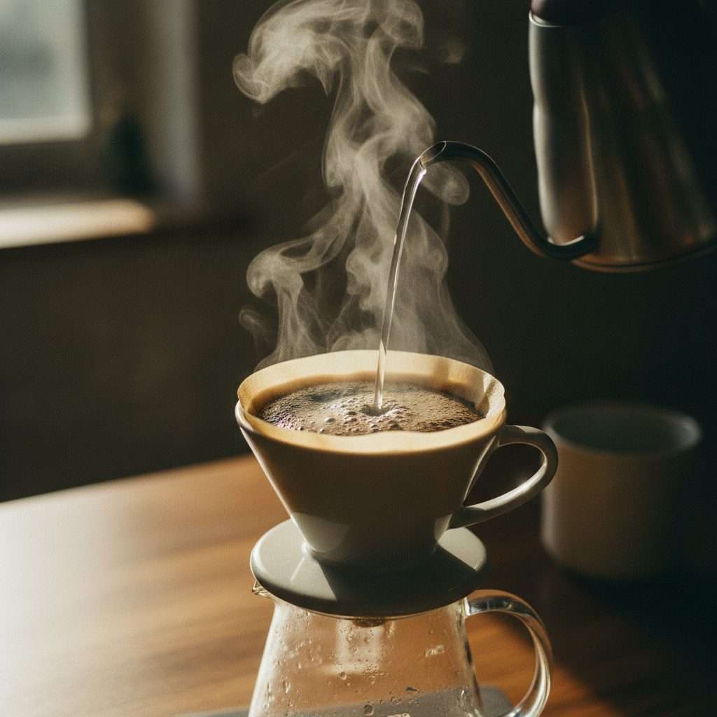 Hot water poured over coffee grounds, steam rising