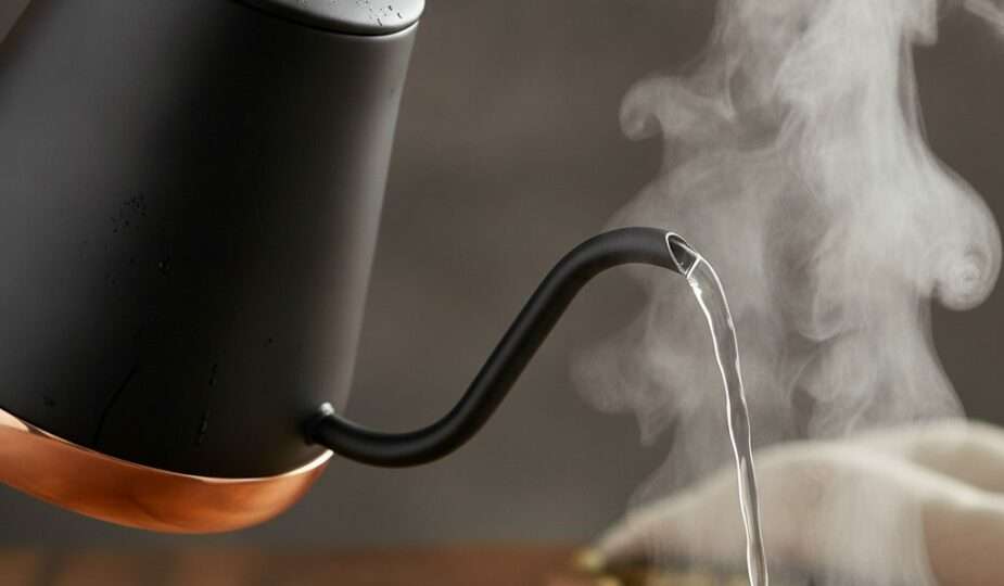 Gooseneck kettle pouring hot water with steam