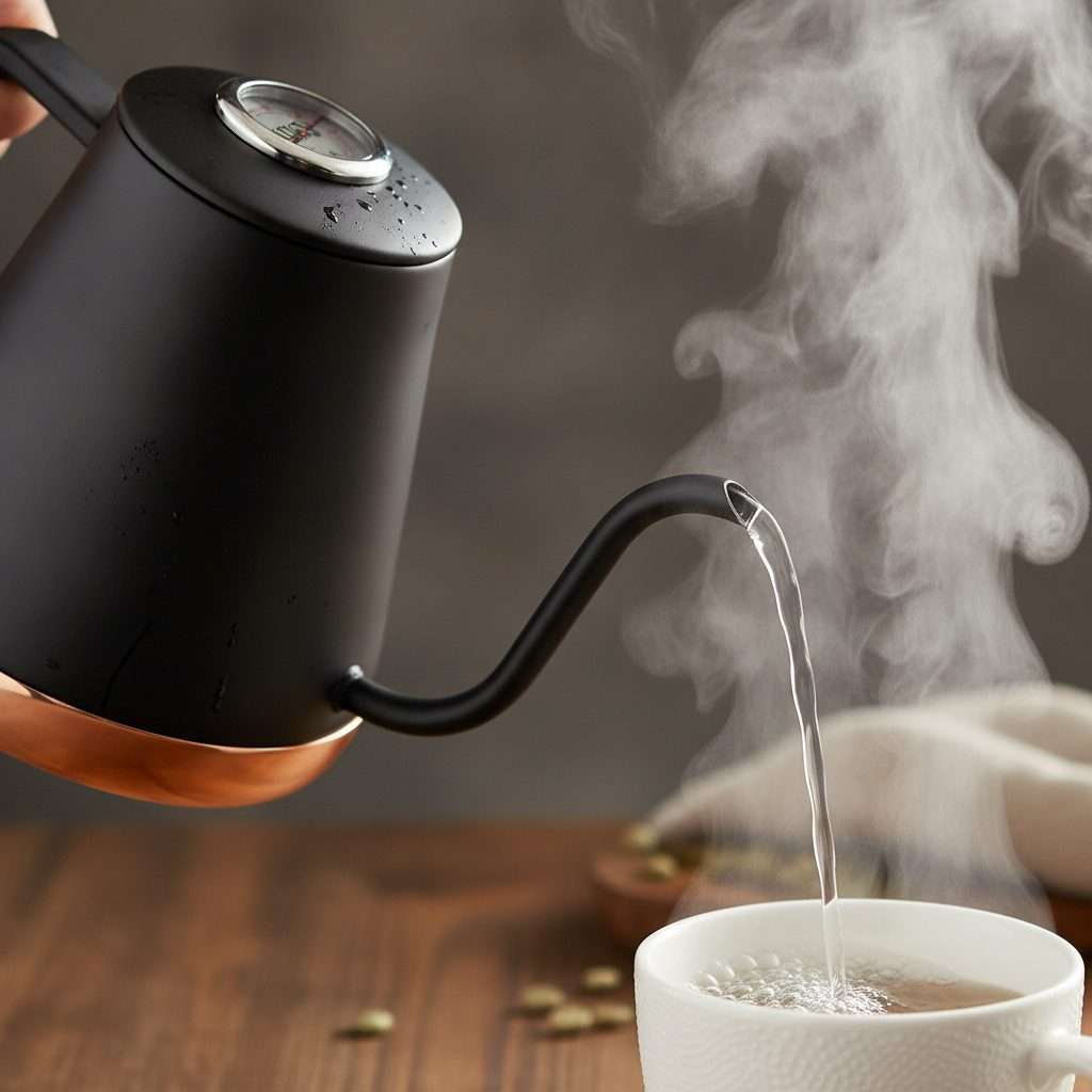 Gooseneck kettle pouring hot water with steam