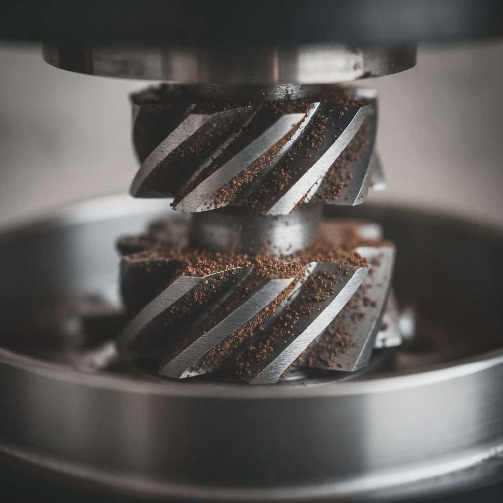 Conical burrs inside a coffee grinder