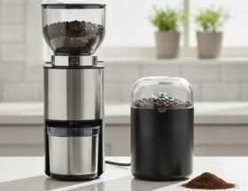 A burr grinder and a blade grinder side by side