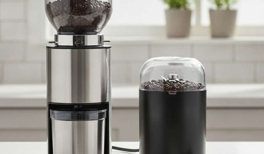 A burr grinder and a blade grinder side by side
