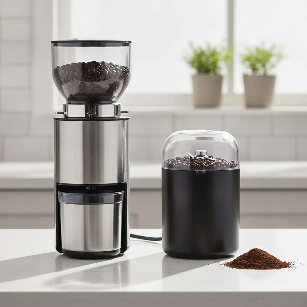 A burr grinder and a blade grinder side by side