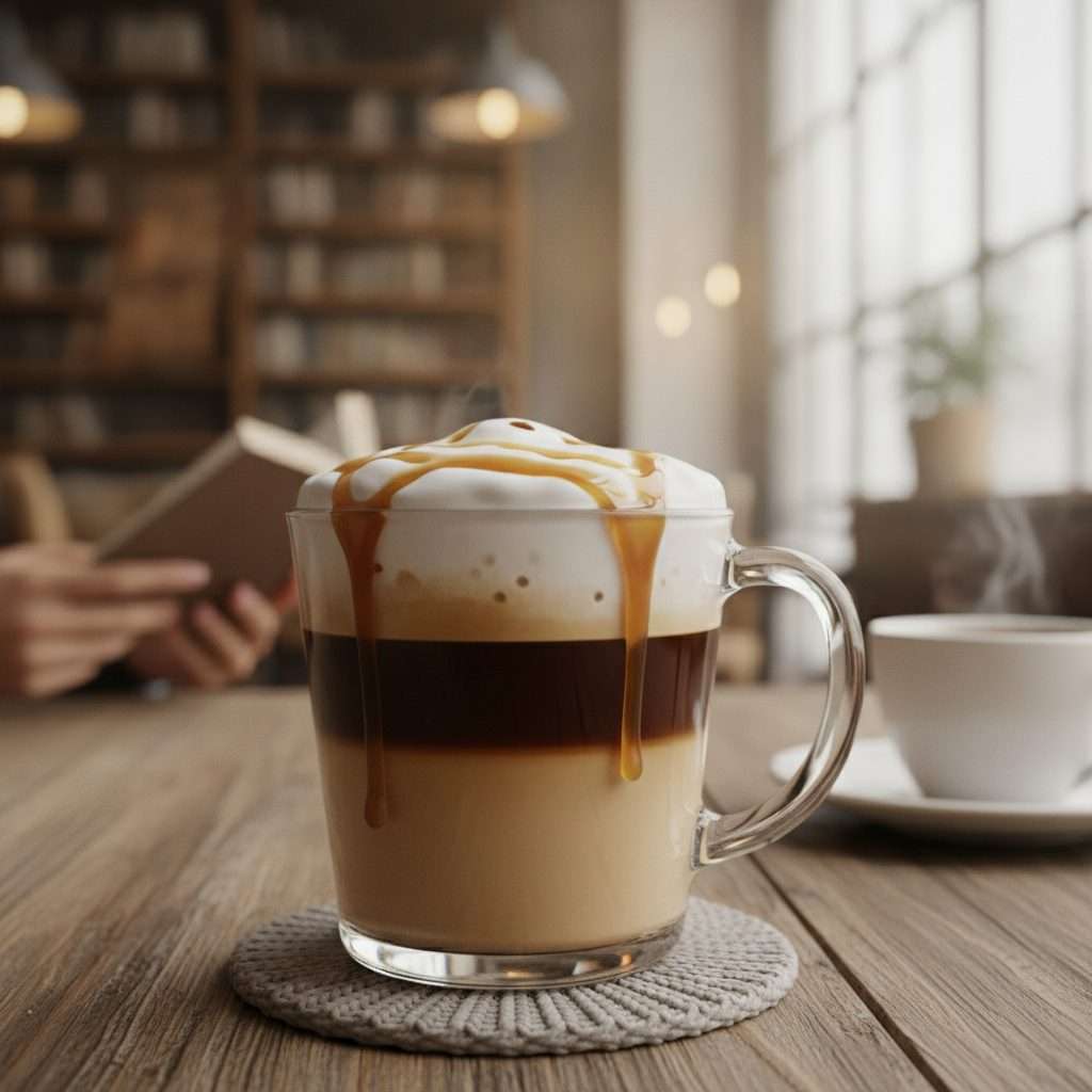 Hot caramel macchiato with caramel drizzle