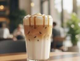 Iced caramel macchiato with layered milk and caramel drizzle