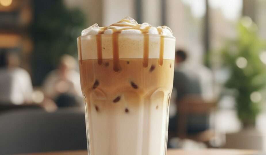 Iced caramel macchiato with layered milk and caramel drizzle