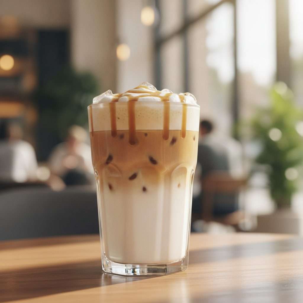 Iced caramel macchiato with layered milk and caramel drizzle