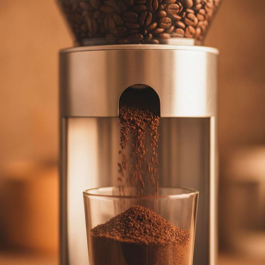 Burr grinder dispensing fresh coffee grounds