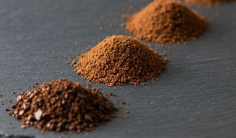 Coffee ground at different sizes from coarse to fine