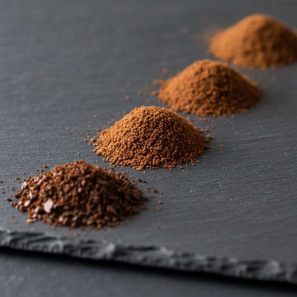 Coffee ground at different sizes from coarse to fine