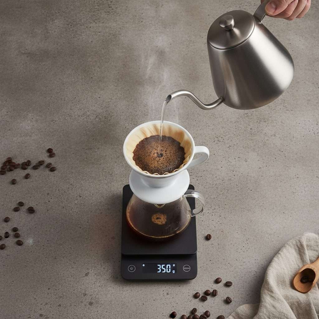 Pouring water over coffee grounds in a pour-over dripper on a scale