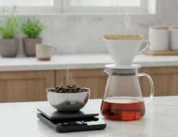 Coffee scale weighing beans with a carafe
