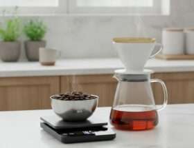 Coffee scale weighing beans with a carafe
