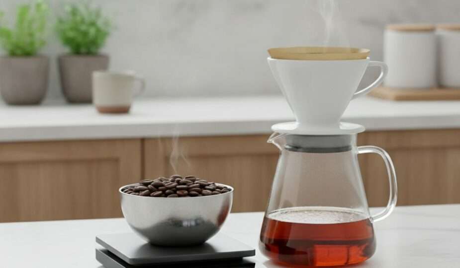 Coffee scale weighing beans with a carafe