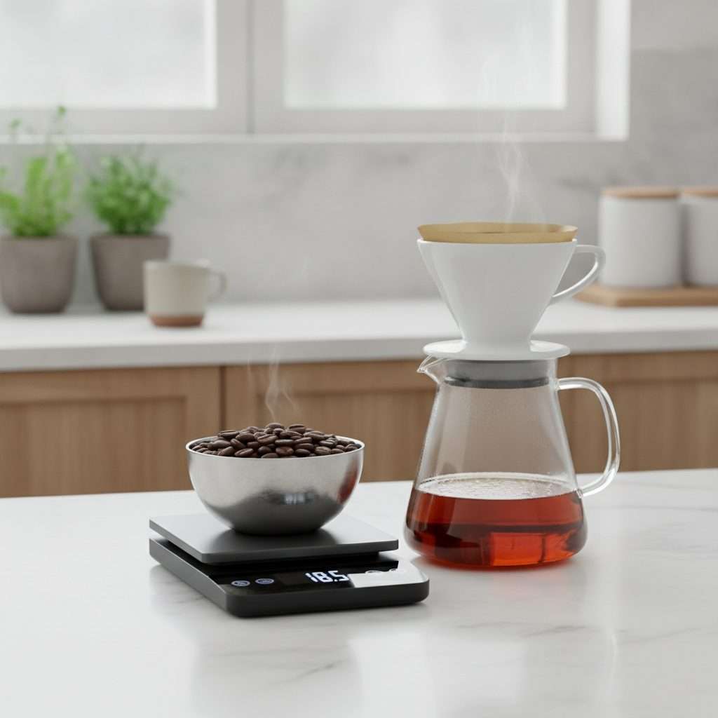 Coffee scale weighing beans with a carafe