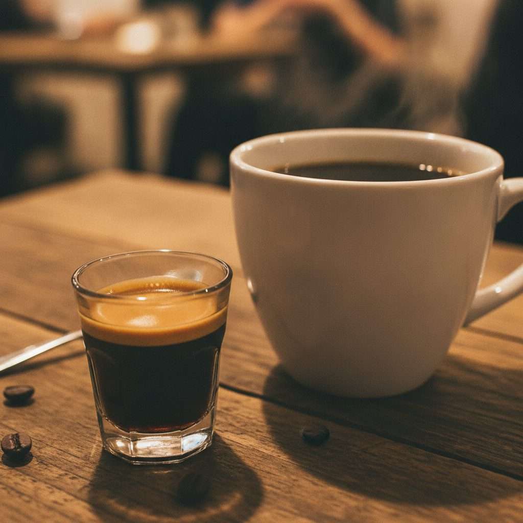 Espresso shot next to a mug of filter coffee