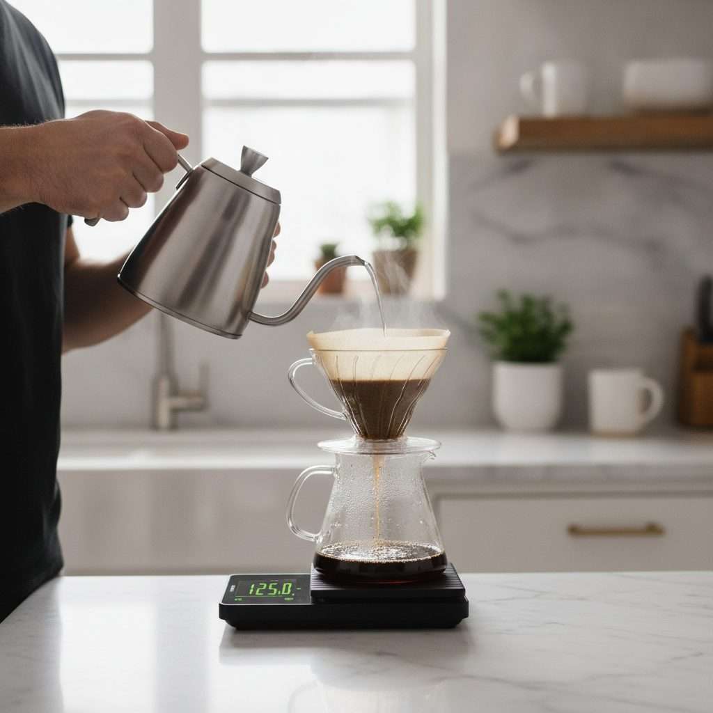 Home barista using a gooseneck kettle and scale