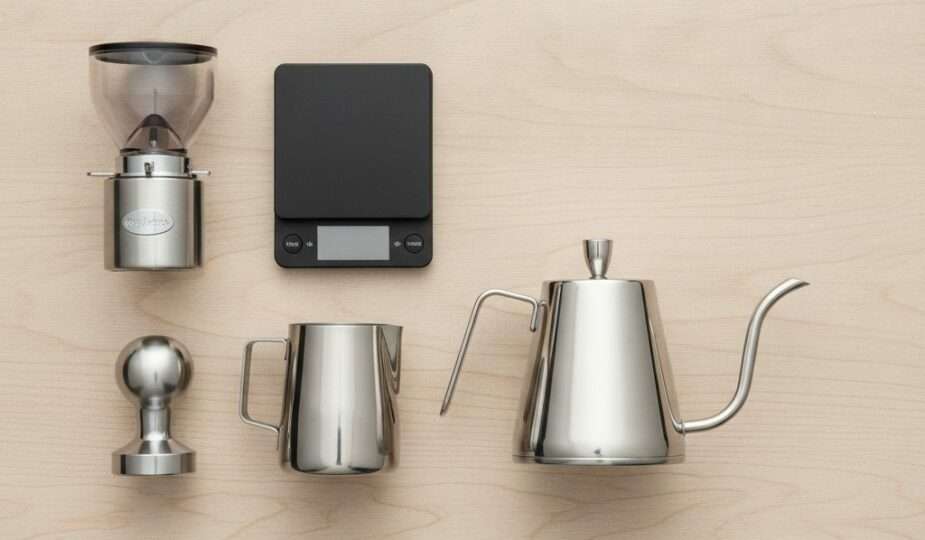 Flat lay of essential home barista coffee accessories
