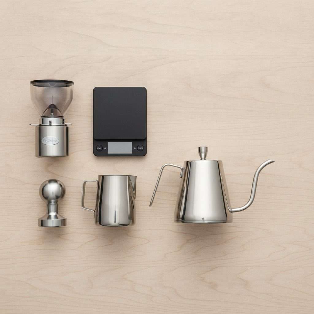 Flat lay of essential home barista coffee accessories