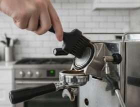 Cleaning an espresso machine group head with a brush