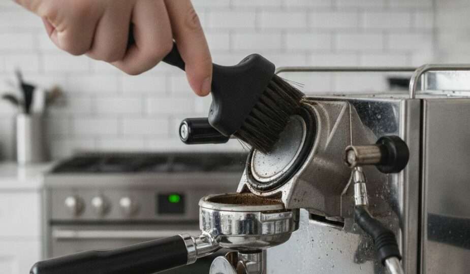 Cleaning an espresso machine group head with a brush