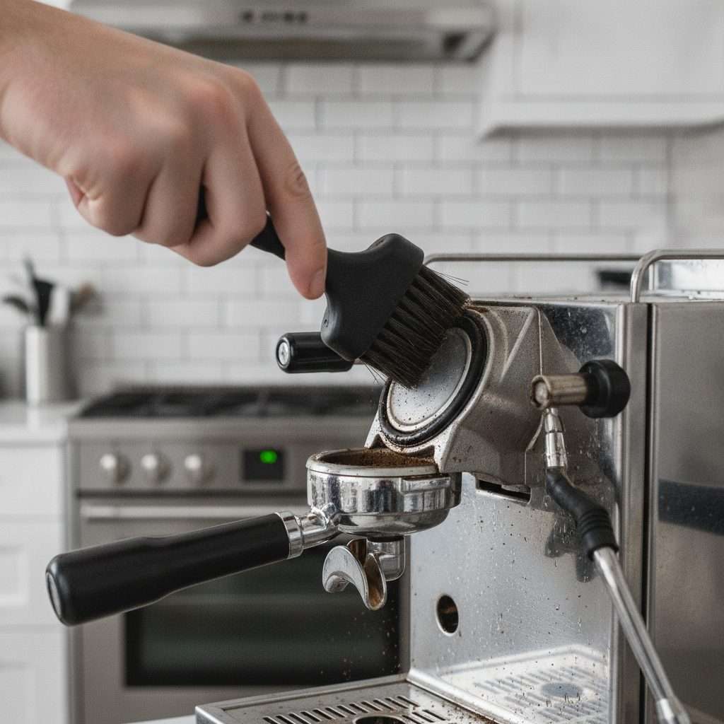 Cleaning an espresso machine group head with a brush