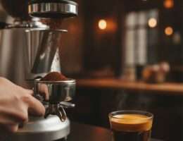 Espresso grinder dosing fresh grounds with a shot of espresso