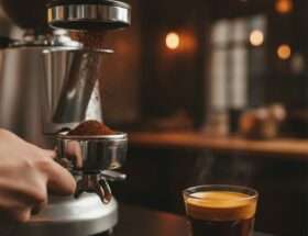 Espresso grinder dosing fresh grounds with a shot of espresso