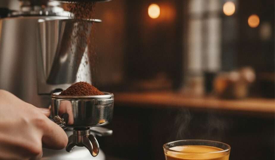 Espresso grinder dosing fresh grounds with a shot of espresso