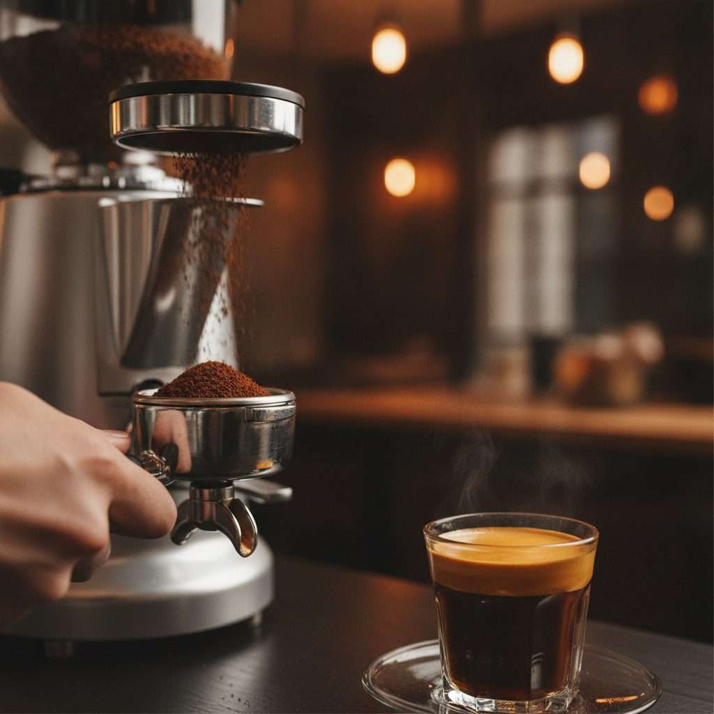 Espresso grinder dosing fresh grounds with a shot of espresso