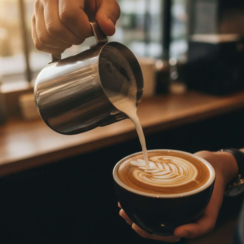 Hand pouring a rosetta latte art design in motion