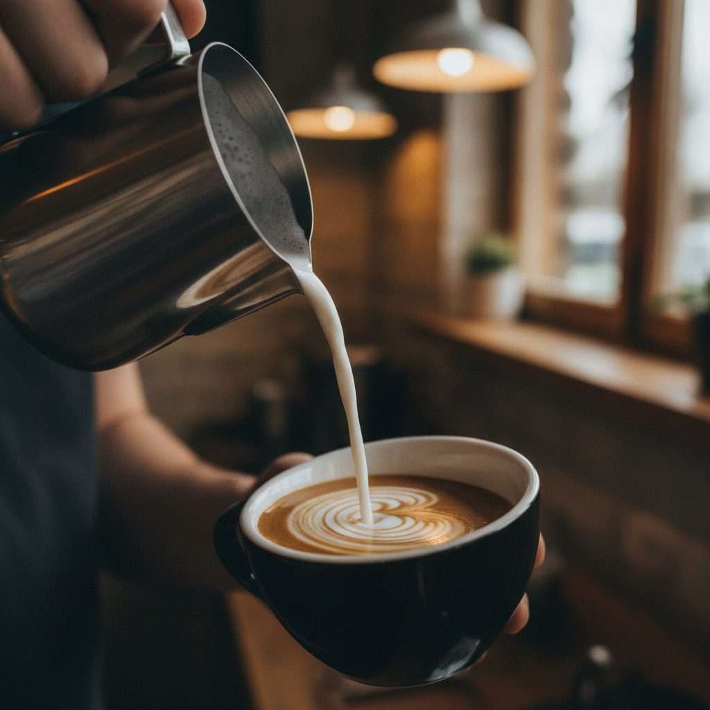 Pouring silky steamed milk into espresso
