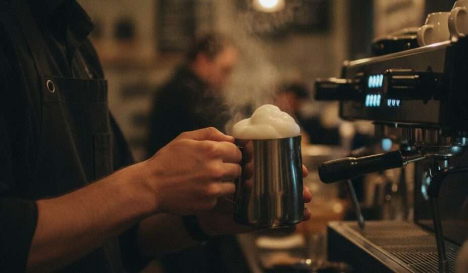 Steaming milk into glossy microfoam with a steam wand