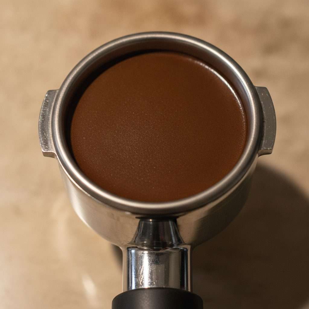 A level, evenly tamped espresso puck in a portafilter