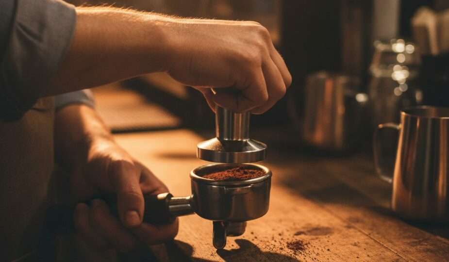 Barista tamping espresso into a portafilter