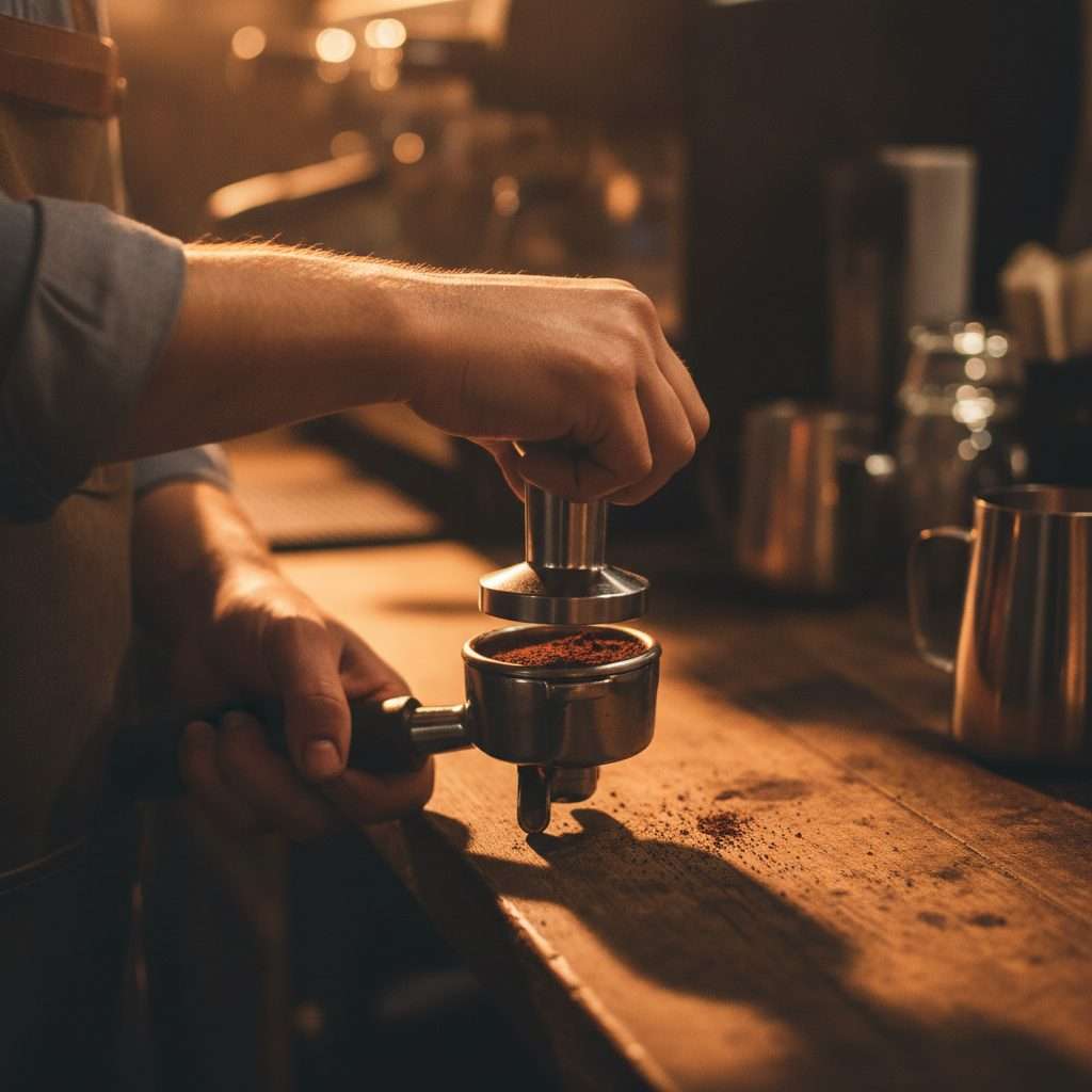 Barista tamping espresso into a portafilter