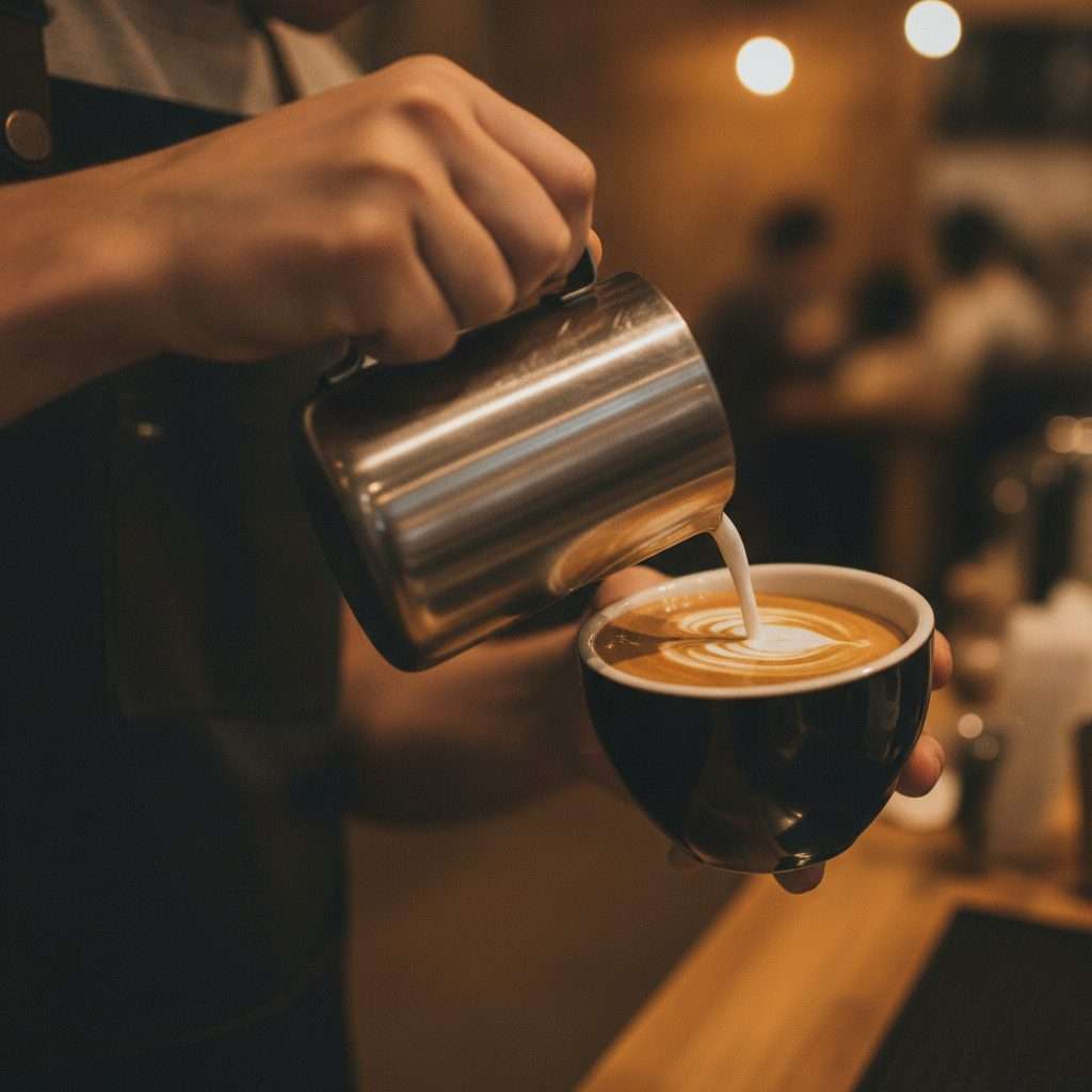 Barista pouring milk to form latte art heart