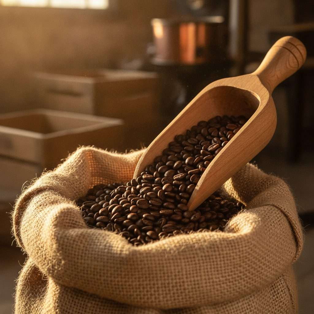 Scooping whole coffee beans from a sack